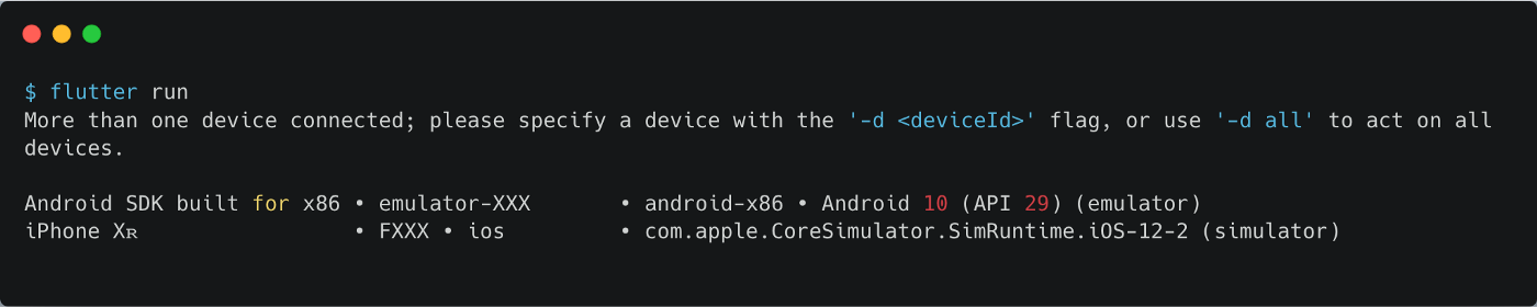 Flutter run with more than one device attached